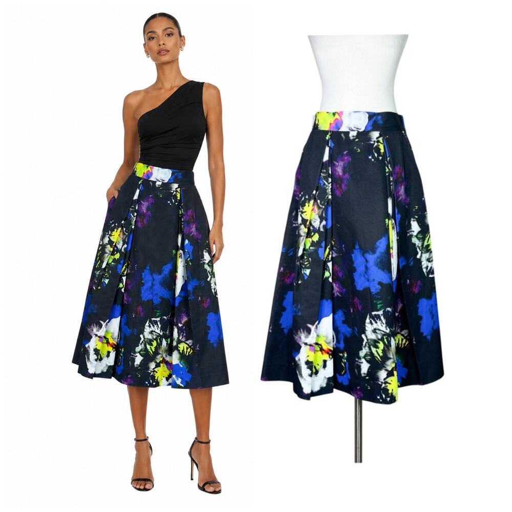 Milly | Abstract Floral Pleated Structured A-Line Designer Midi Skirt Size 6